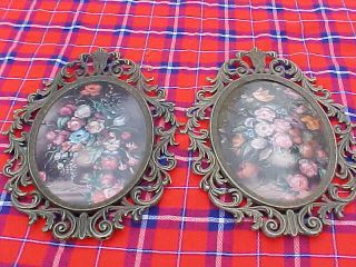 2 Vintage Ornate Metal Oval Picture Frames Bubble Dome Glass 13” X 10” Floral