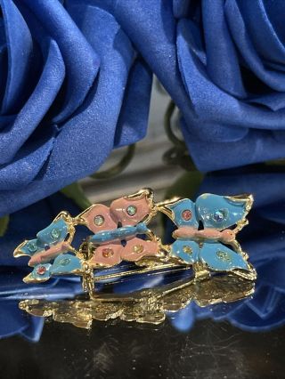 Vintage Brooch Pin Cascade Of Blue Pink Rhinestone Butterflies