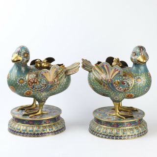 Antique Chinese Gilt Bronze Cloisonne Mandarin Duck Censer Incense Burner A Pair