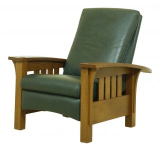 52390ec: Stickley Mission Oak Dark Green Leather Recliner Morris Chair