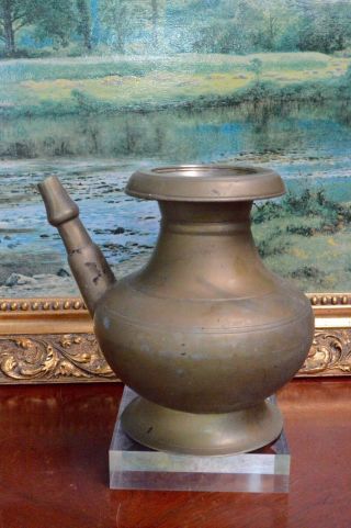 Vintage Metal Brass Jug Water Indian Holy Lota Ewer Kendi Vessel Pot Signed