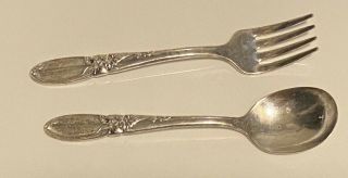 Vtg Oneida Community Silverplated White Orchid Baby Child Fork & Spoon Set 1953