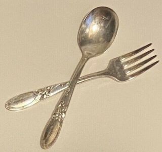 Vtg Oneida Community Silverplated White Orchid Baby Child Fork & Spoon Set 1953 3