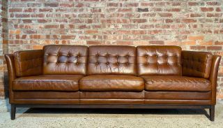 Long Vintage Danish 1970 Patinated Tan Chesterfield Leather Three Seater Sofa