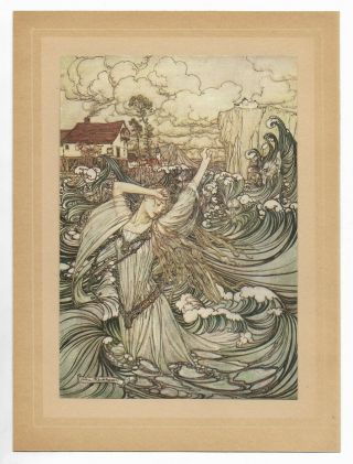 Antique 1919 Arthur Rackham Art Nouveau Fantasy Tipped In Color Print Undine 1