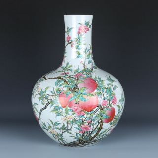 Old Fine Chinese Porcelain Yongzheng Marked Famille Rose Nine Peach Vases 20.  5 "
