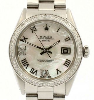 Mens Rolex Oyster Perpetual Date 34mm White Mop Roman Dial Diamond Steel Watch
