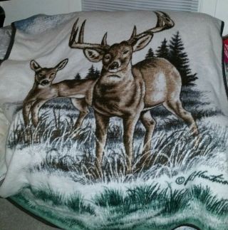 Vintage Biederlack Buck Doe Deer Soft Plush Throw Blanket Reversible