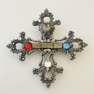 Vintage Silver Tone Maltese Cross Brooch Pendant Heart Rhinestones Antique Look