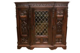 Marvelous Antique French Gothic Bookcase,  Great Carvings,  19th Century,  Walnut