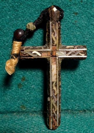 Antique 18th 66mm Wood Cross W/ Inlaid Mother Of Pearl From Holy Land