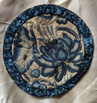 Antique 19th C Hand Embroidered Chinese Rondel W Flowers