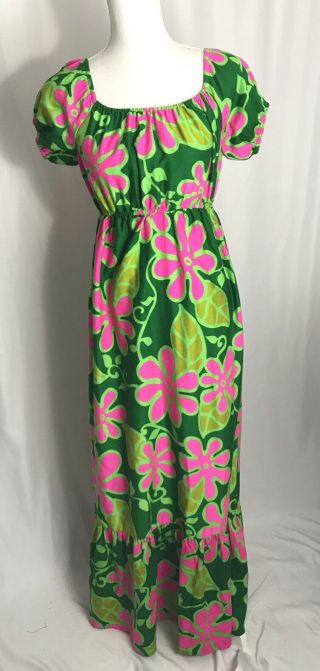 Vtg 60s 70s Maluna Hawaii Psychadelic Floral Print Beach Hawaiian Maxi Dress S/m