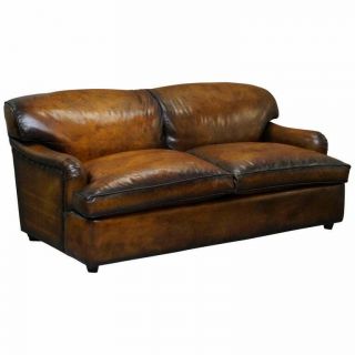 Rare Howard Arm Restored Cigar Brown Leather Sofabed Feather Filled Cushions