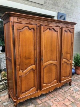 Antique French Country Wardrobe Armoire 3 Door Hanging Rod Shelves Carved Oak