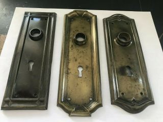 3 Old Arts Craft Deco Victorian Brass Plated Steel Door Knob Back Plate Hardware