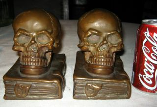 Premium Antique Medical Human Skull Bookends Armor Bronze Desk Art Statue