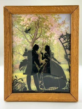 Vintage Art Deco Silhouette Couple Bird Picture Reverse Painted On Glass U832