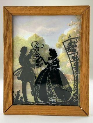 Art Deco Silhouette Couple With Bird Cage Picture Reverse Painted On Glass U831