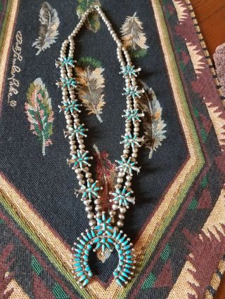 Zuni Antique Needlepoint Turquoise Squash Blossom Necklace