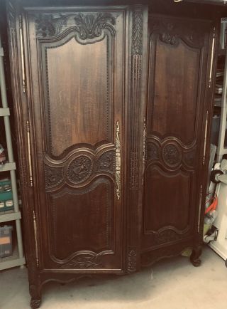French Heirloom Antique Marriage Armoire Solid Oak Highly Carved Estate Cabinet