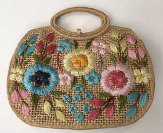 Vintage Large Round Woven Straw Basket Floral Purse Tote Lined Boho Gift
