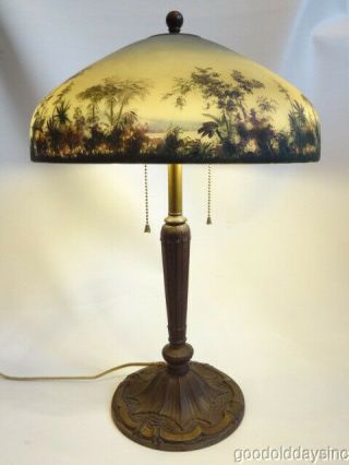 Antique Pittsburgh Reverse Painted Scenic Jungle Beach Scene Glass Table Lamp 2