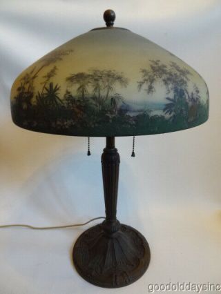 Antique Pittsburgh Reverse Painted Scenic Jungle Beach Scene Glass Table Lamp 4