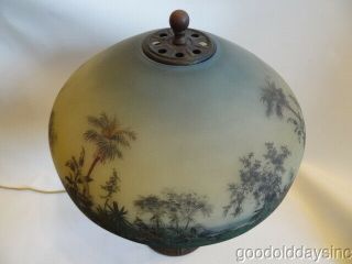 Antique Pittsburgh Reverse Painted Scenic Jungle Beach Scene Glass Table Lamp 6