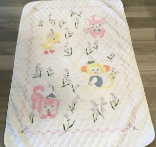 Vintage Crib Quilt,  Cross Stitch Embroidery,  Kitty Cat,  Puppy Dog,  Flowers
