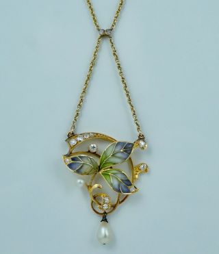 18k Antique Plique A Jour Diamond Pearl Floral Leaf Art Nouveau Enamel Necklace