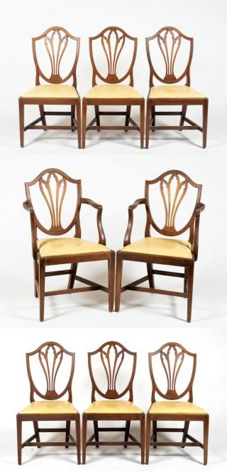 Set Of 8 Solid Mahogany Shield Back Dining Chairs Leather Fabric Federal Style