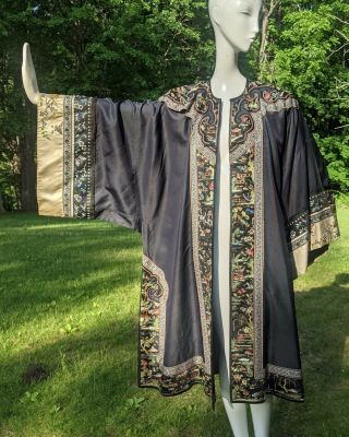 19th C Aubergine Silk Chinese Robe W Floral Beetle Butterfly Hand Embroidery