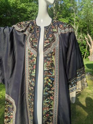 19TH C AUBERGINE SILK CHINESE ROBE W FLORAL BEETLE BUTTERFLY HAND EMBROIDERY 2