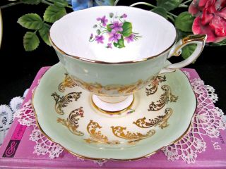 Royal Standard Tea Cup And Saucer Gold Gilt Pale Green Violets Teacup