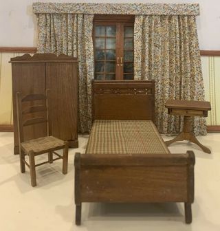 Vintage Shackman Miniature 1:12 Scale Dollhouse Wood Bedroom Furniture Set