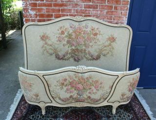 French Antique Louis Xv Painted White Upholstered Full Size Bed With Rails