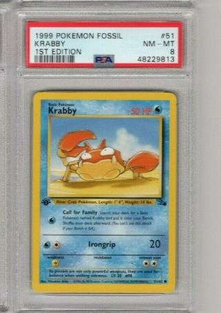 Psa 8 Nm - Mt Krabby 1999 Fossil 1st Edition Pokemon Card 51/62
