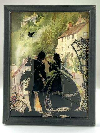 Vintage Art Deco Silhouette Couple Bird Picture Reverse Painted On Glass U833