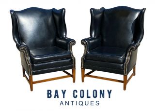 20th C Chippendale Antique Style Black Leather Wing Back Arm Chairs
