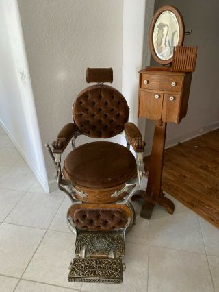 1907 Antique Koken Barber Chair W/ Antique Barber Tools Stand & Vintage Picture