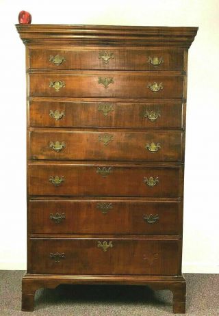 Tall 18th Century England 7 Graduated Drawer Chippendale Tiger Maple Chest