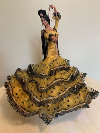 Vintage 1970s Marin Chiclana 13” Flamenco Doll Yellow& Black Polka Dot Dress