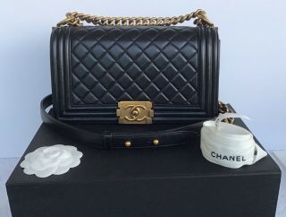 Auth Chanel Boy Black Leather Antique Gold Hw Old Medium Crossbody Shoulder Bag
