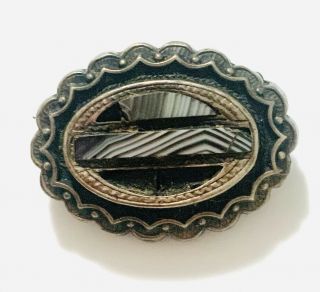 Antique Aesthetic Victorian Silver Banded Agate Inlay Brooch