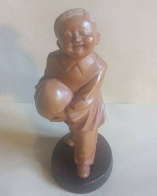 Chinese Cultural Revolution Carved Boxwood Figure Of Boy Holding Fruit