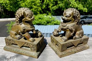 Pair Vintage Antique 7 " Bronze Chinese Foo Dogs Guardian Lions Dragon Statues
