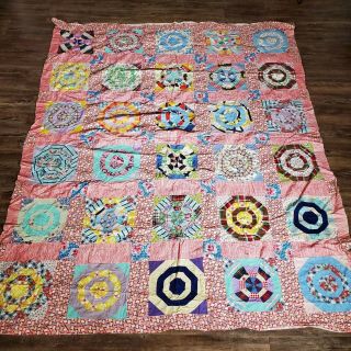 Vintage 50s Handmade Octagon Unfinished Quilt Top Only