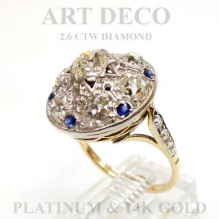 Antique Art Deco 2.  06 Tcw Diamond & 0.  28 Tcw Sapphire Ring 14k Gold / Platinum