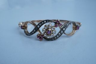 Antique Victorian 14k Gold Silver Rose Cut Diamond Ruby Bangle Bracelet